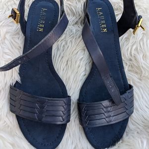 Ralph Lauren Navy Blue Leather Wedge Sandals Size 10